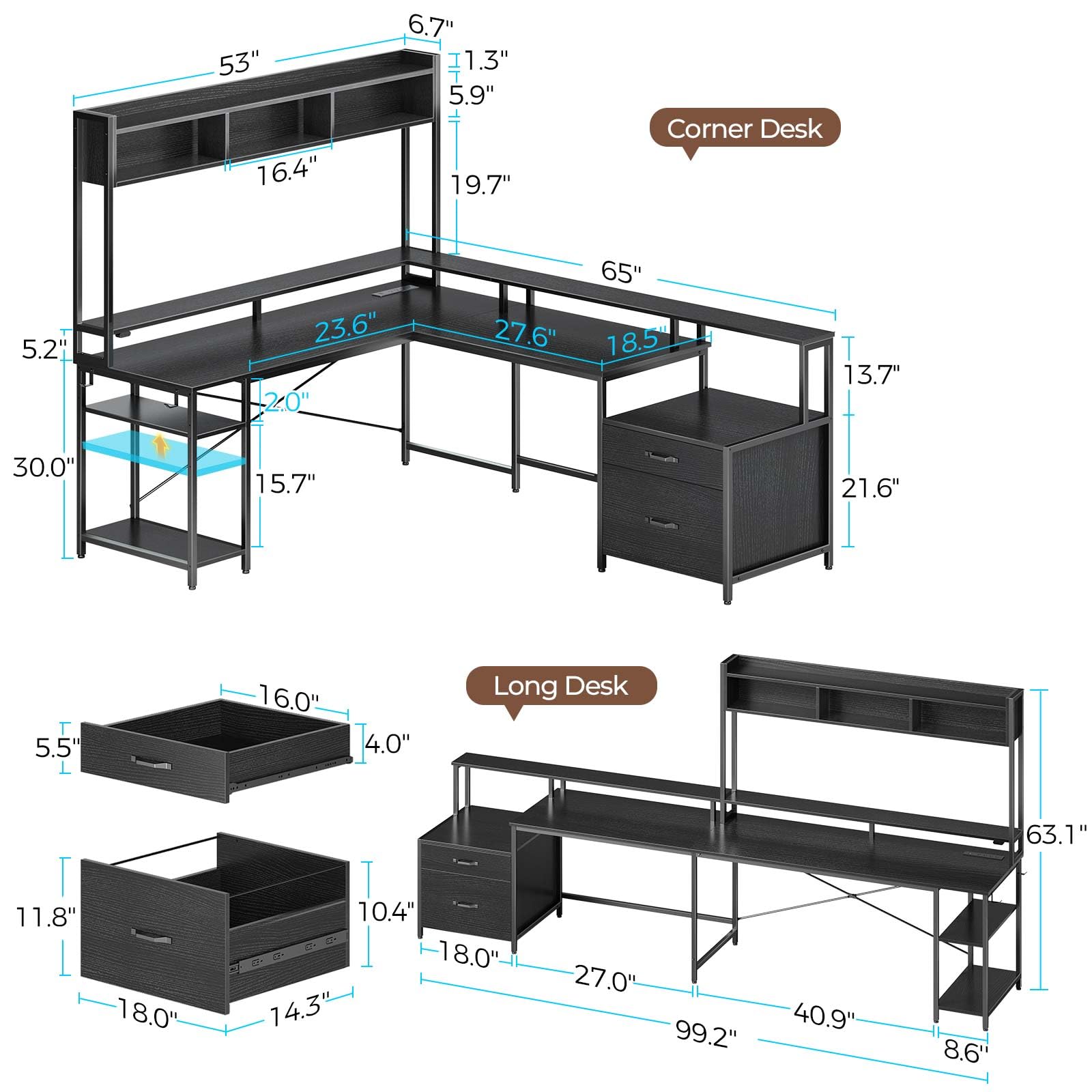 Rolanstar Computer Desk with File Drawers, 99.2" L Shaped Gaming Desk with Hutch, Reversible Desk with Power Outlet, LED Strip & Monitor Stand, 2 Person Home Office Desk, Black