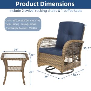 SOCIALCOMFY 3-Piece Patio Wicker Conversation Bistro Set, Rattan Gliding Rocking Swivel Chairs with Cushion and Glass Top Side Table Outdoor Furniture Sets for Garden Backyard, Navy Blue