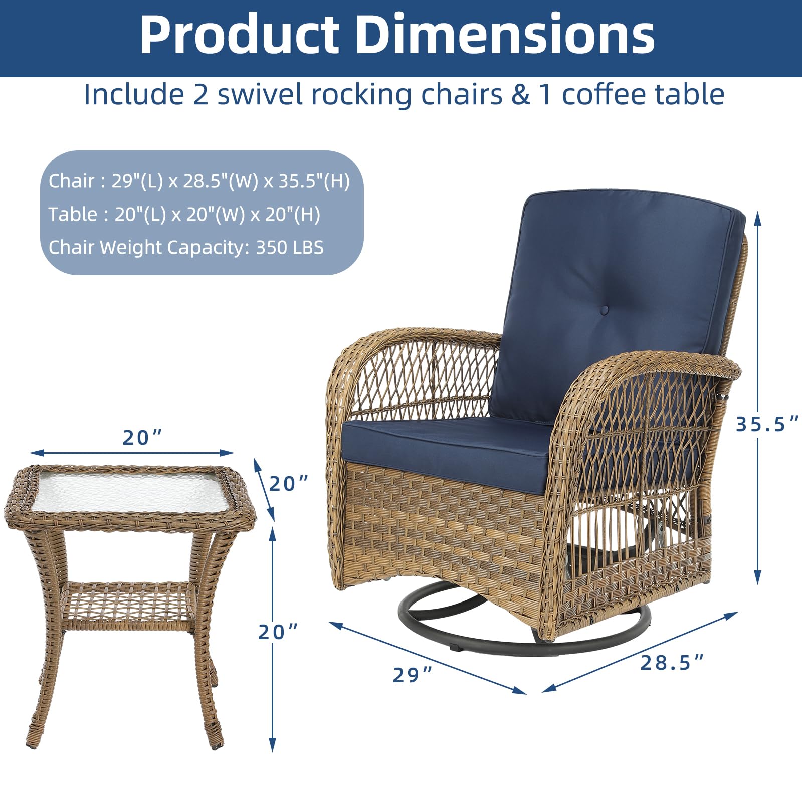 SOCIALCOMFY 3-Piece Patio Wicker Conversation Bistro Set, Rattan Gliding Rocking Swivel Chairs with Cushion and Glass Top Side Table Outdoor Furniture Sets for Garden Backyard, Navy Blue