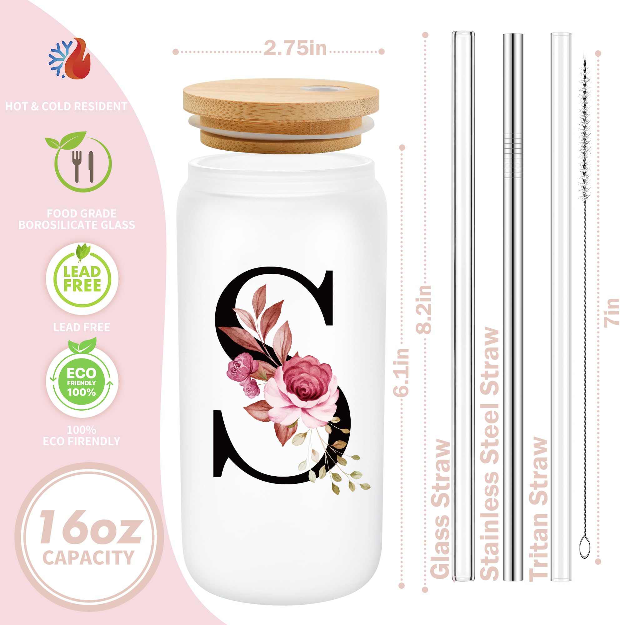 Personalized Gifts for Women, Monogrammed Frosted Glass Tumbler with Straw and Lid, Cute Customized Mug, Custom Initial Iced Coffee Glasses, Customizable Drinking Cup, Birthday Teacher Woman, M