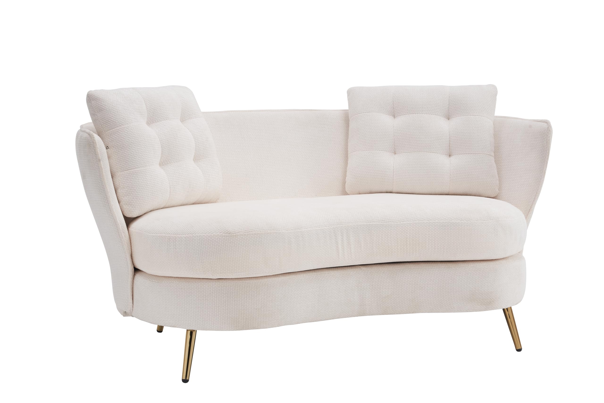 RENDGO Velvet Loveseat Sofa, 64.2'' Mid Modern Small Love Seats with 2 Pillows & Golden Legs Comfy Couch for Living Room, Upholstered 2 Seater Sofa for Small Apartment (White)