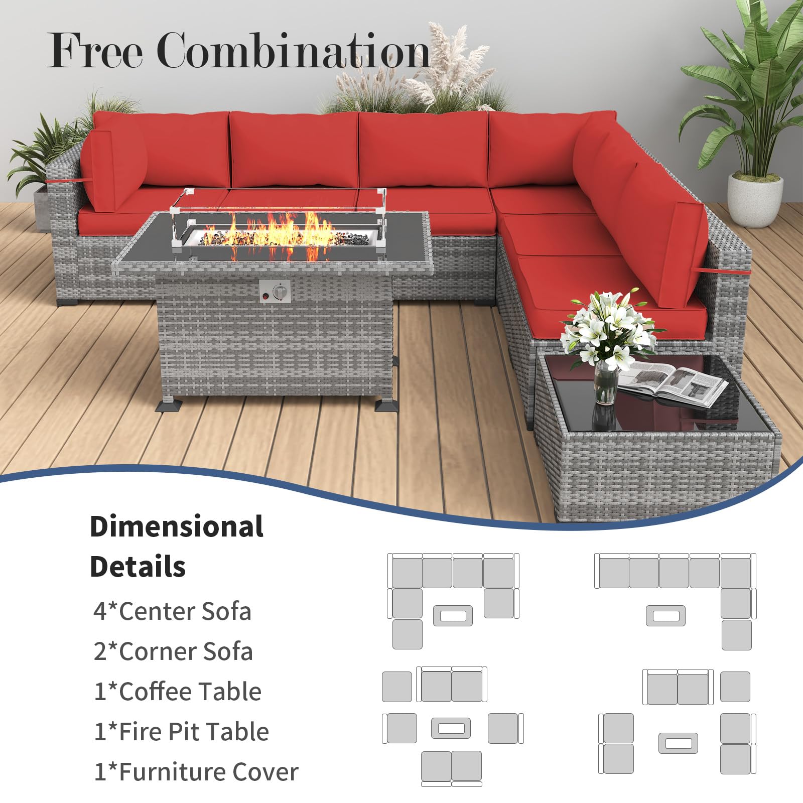 Amopatio Patio Furniture with Fire Pit, Outdoor Patio Furniture Wicker Furniture, 8 Pieces Outdoor Sectional Sofa with Patio Furniture Cover, 44" Gas Fire Pit Table (Light Red)