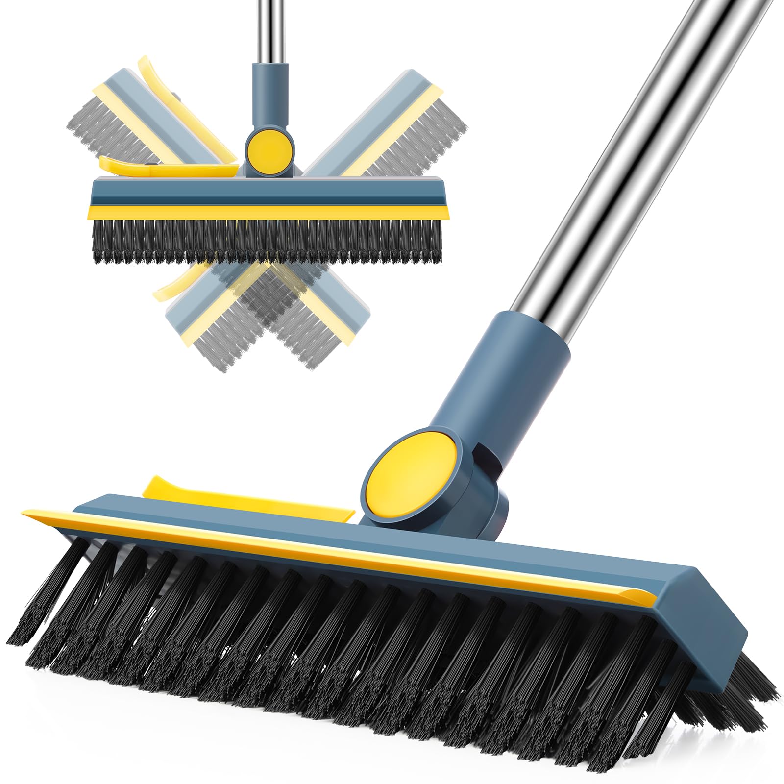 Singhoow 3 in 1 Floor Scrub Brush with Long Handle 44.5'' Cleaning Brush Stiff Bristle Brush Mop Swivel Head Brush Broom Floor Brush Scrubber for Cleaning Patio Bathroom Garage Kitchen (Dark Blue)