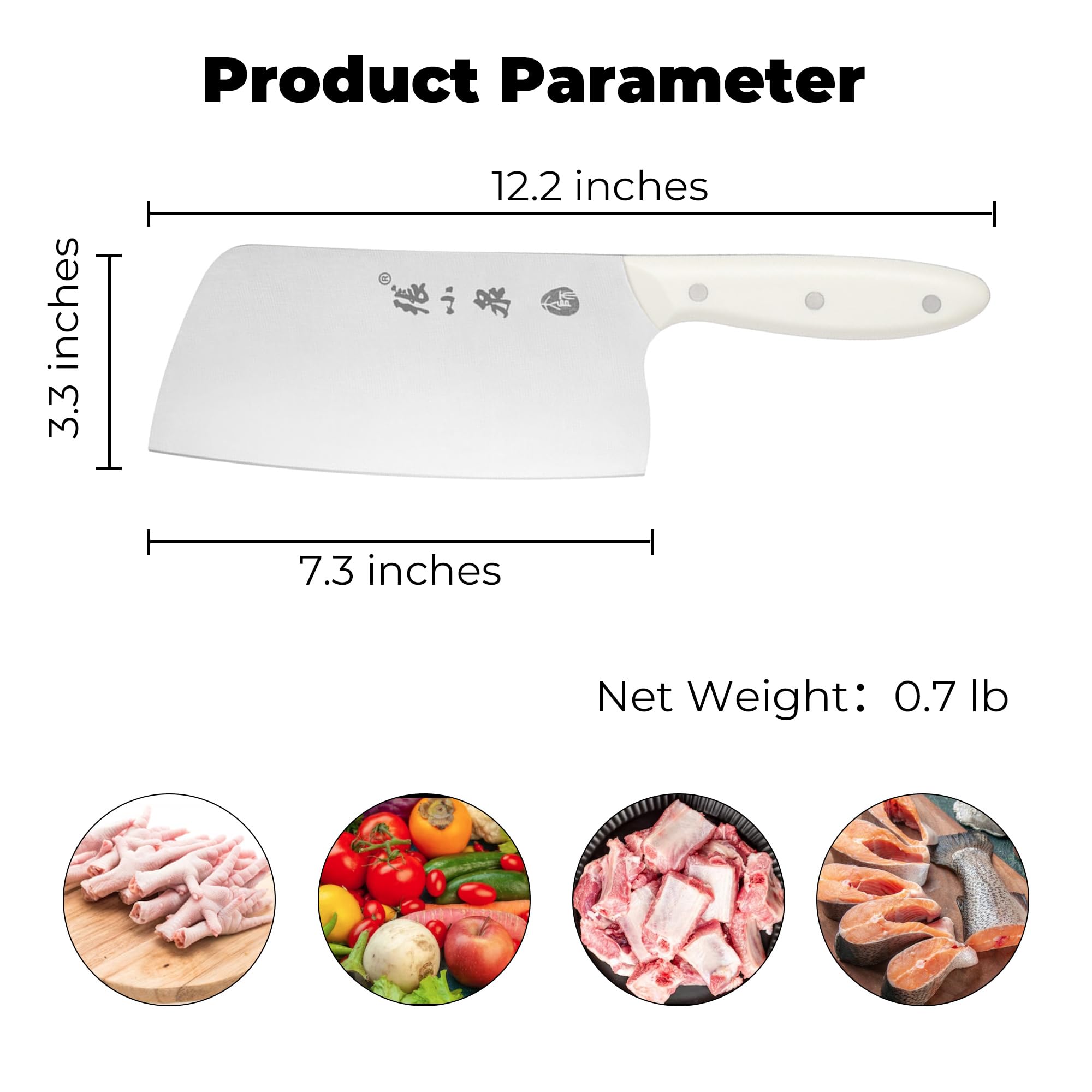 ZHANG XIAO QUAN SINCE 1628 Chinese Meat Cleaver 7.3”, Heavy Duty Chopper Knife 40Cr13 Stainless Steel for Meat Vegetable Chef Knife White