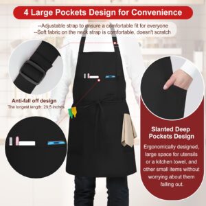 SHEOMERN 3 Pcs Dual Waterproof Oilproof Kitchen Chef Aprons with 4 Pockets for Men Women, Adjustable Soft Anti-Tear Cooking Bib Apron for Baking Grilling BBQ Painting Cleaning (Black)