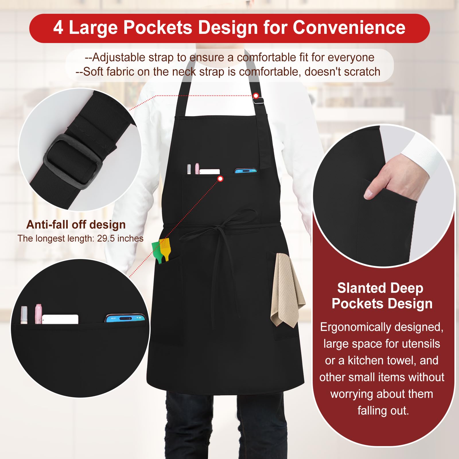 SHEOMERN 3 Pcs Dual Waterproof Oilproof Kitchen Chef Aprons with 4 Pockets for Men Women, Adjustable Soft Anti-Tear Cooking Bib Apron for Baking Grilling BBQ Painting Cleaning (Black)