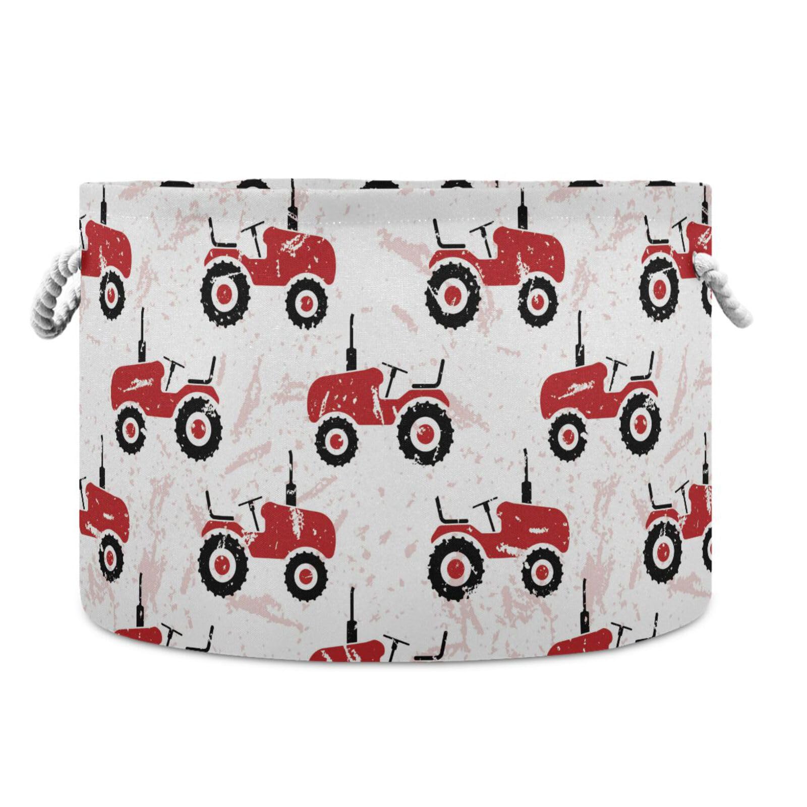 Red Old Wheeled Tractors Round Collapsible Waterproof Storage Bin with Sturdy Handle Decorations for Gift Gift Toys