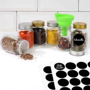 CycleMore 30 Pack 4oz Glass Mason Spice Jars, Round Spice Containers with Silver Metal Caps and Pour/Sift Shaker Lids-80pcs Labels,1pcs Silicone Collapsible Funnel,1pcs Brush and 1pcs Pen Included