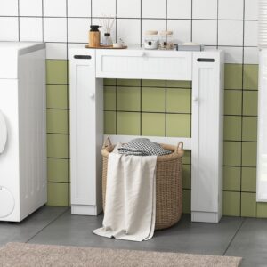 Tangkula Over The Toilet Storage Cabinet, Freestanding Toilet Storage with Adjustable Shelves & Paper Holder, 2 Side & Pull-Down Door, Space Saving Toilet Cabinet for Bathroom Laundry (White)