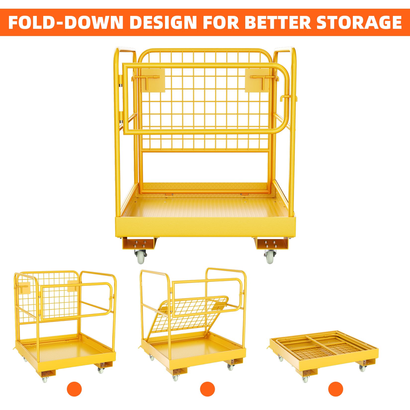 Forklift Safety Cage 36x36 Inches 1200LBS Capacity with 4 Wheels Forklift Work Platform Aerial Platform Collapsible Lift Basket Aerial Rails for Lifting Loader