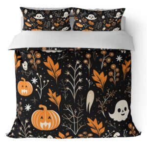 Haunted Halloween Nights Comforter Cover Set - King Size Black Pumpkin Lanterns, Ghosts, and Spider Webs - Spooky Bedding Set for Kids, Boys, Girls - Quilt Cover with 2 Pillowcases