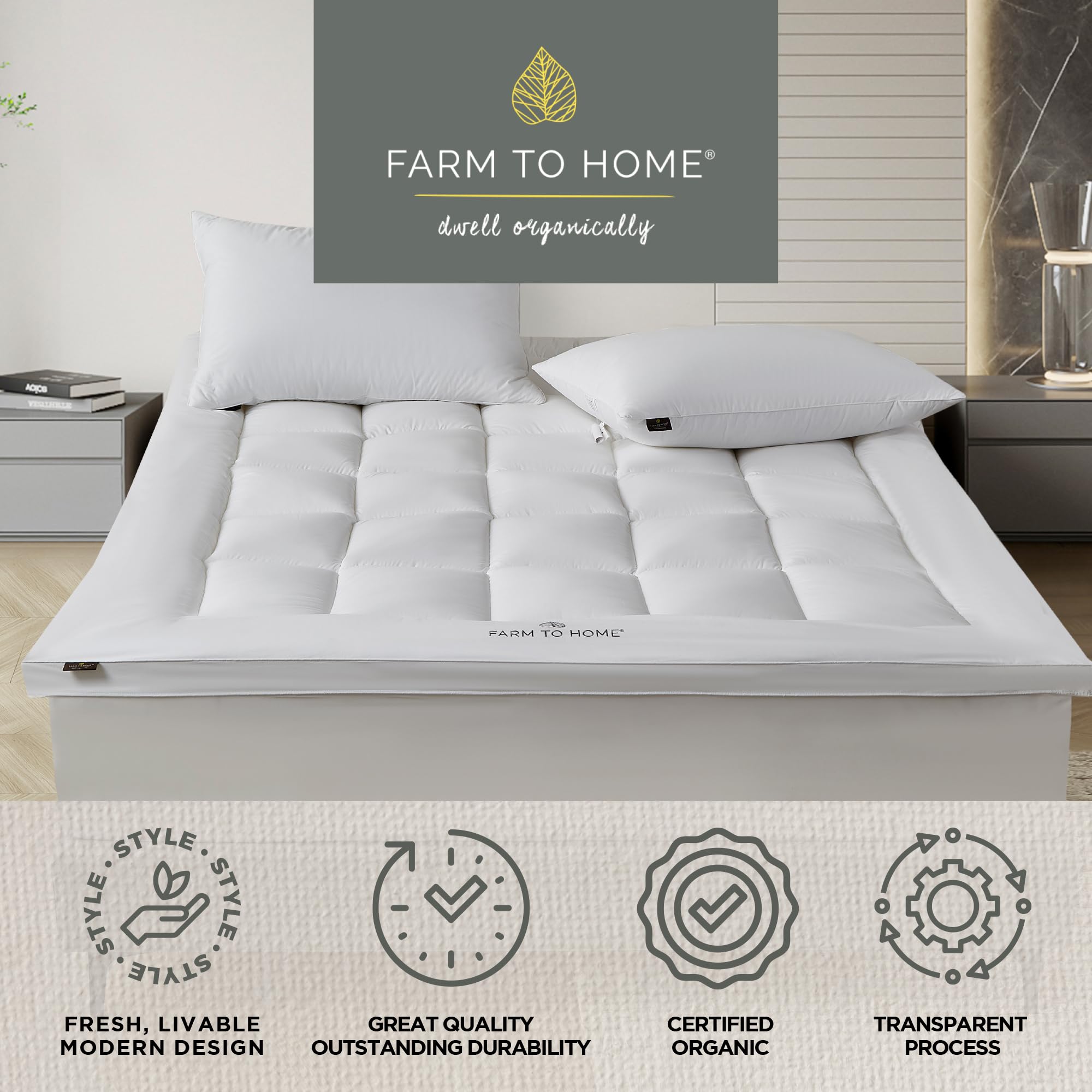 Farm to Home Organic Cotton Mattress Protector King Size - 2" Gusset Pillowtop Mattress Pad Cover Down Alternative Filled with 16 Inch Elastic Deep Pocket Mattress Topper – White