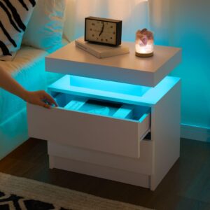 Cubehom White Nightstand Set of 2 LED Night Stand for Bedroom White Modern LED Bedside Table with 2 Drawers End Side Table