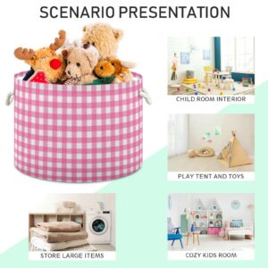 Gingham Hot Pink Plaid Storage Basket Round Collapsable Waterproof Decorative Baskets with Sturdy Handle Decoration for Toy Toy Cloth