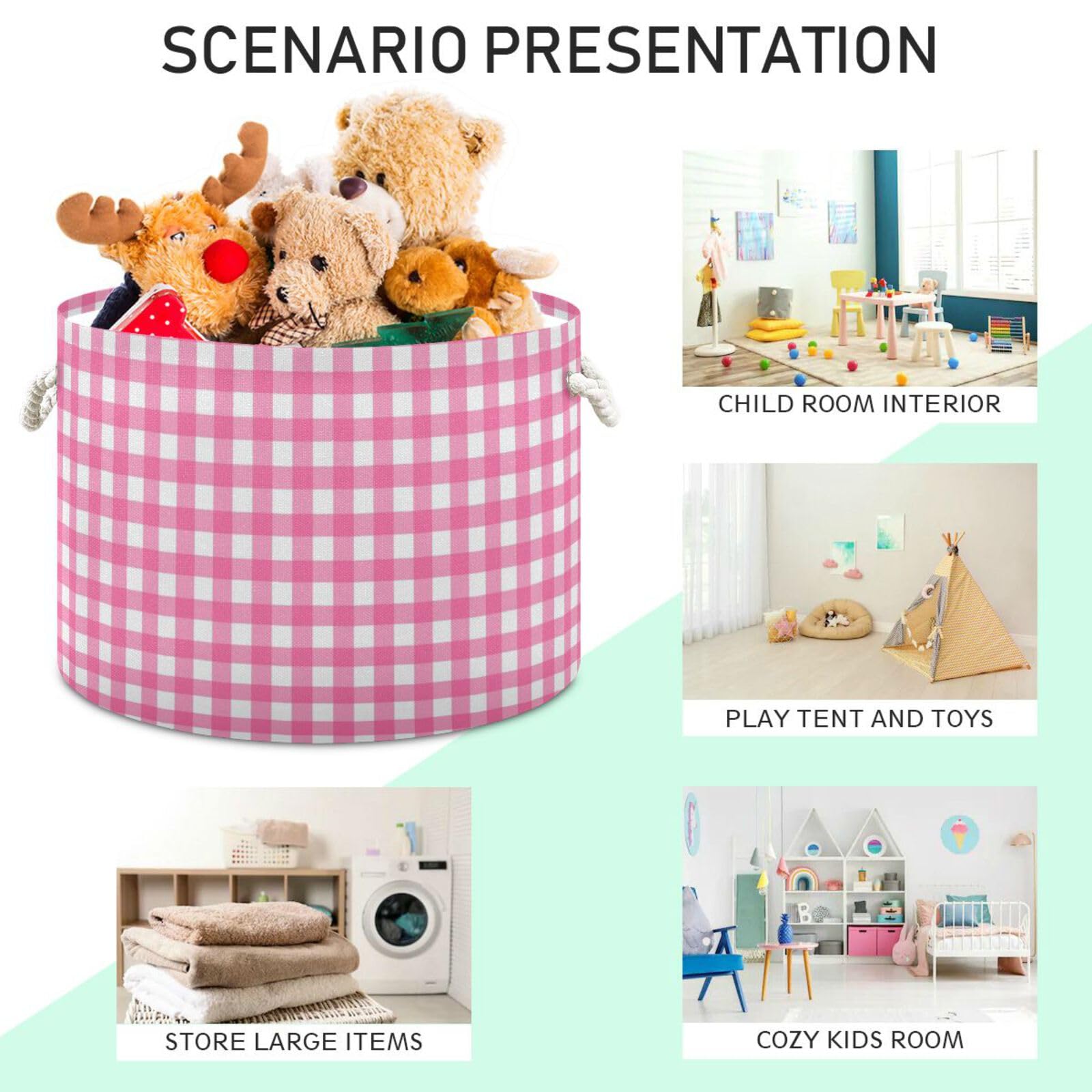 Gingham Hot Pink Plaid Storage Basket Round Collapsable Waterproof Decorative Baskets with Sturdy Handle Decoration for Toy Toy Cloth