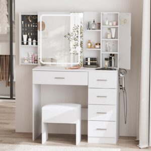 Fameill White Vanity Desk with Mirror and Lights,Makeup Vanity Table Set with Power Strip and Sliding Locker,Visual Drawer Makeup Desk with 5 Drawers&Shelves&Cabinet,3 Lighting Modes