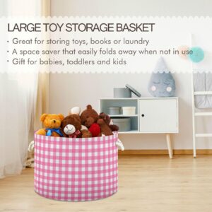 Gingham Hot Pink Plaid Storage Basket Round Collapsable Waterproof Decorative Baskets with Sturdy Handle Decoration for Toy Toy Cloth