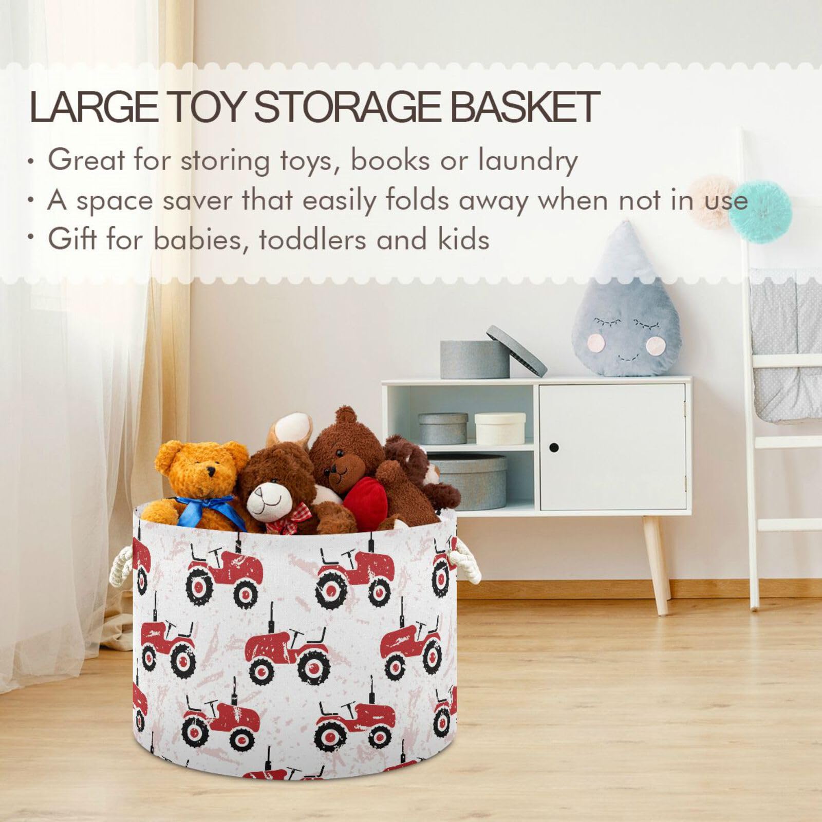 Red Old Wheeled Tractors Round Collapsible Waterproof Storage Bin with Sturdy Handle Decorations for Gift Gift Toys