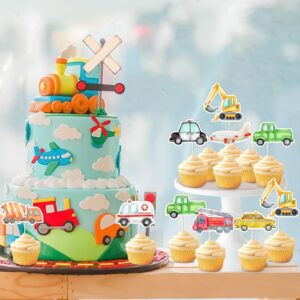 Kreatwow Transportation Cupcake Toppers 32 Pcs Watercolor Fire Engine Ambulance Taxi Airplane Construction Trucks Airplane Police Car Cupcake Picks Transportation Birthday Party Baby Shower Supplies