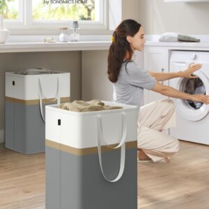 SONGMICS Set of 2 Laundry Hamper, 110 L Foldable Laundry Basket, Laundry Bag with Short and Long Handles, Easy to Transport and Clean, Freestanding, for Bedroom, Bathroom, Slate Gray ULCB210G01