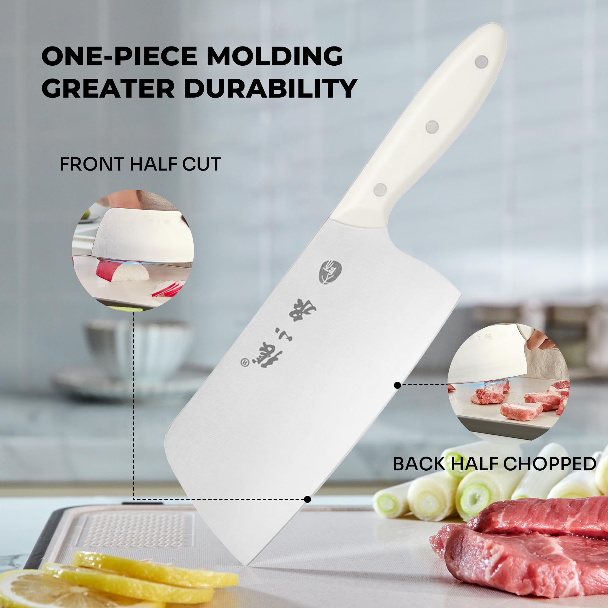 ZHANG XIAO QUAN SINCE 1628 Chinese Meat Cleaver 7.3”, Heavy Duty Chopper Knife 40Cr13 Stainless Steel for Meat Vegetable Chef Knife White