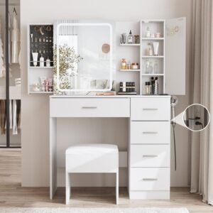 fameill white vanity desk with mirror and lights,makeup vanity table set with power strip and sliding locker,visual drawer makeup desk with 5 drawers&shelves&cabinet,3 lighting modes