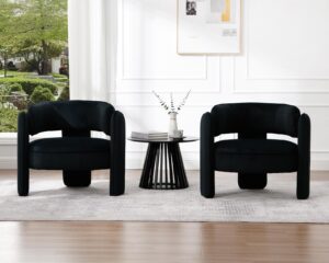 hny mid century modern velvet barrel accent chairs set of 2 clearance, comfy round upholstered armchairs with open back, side club lounge arm chairs for living room, bedroom, small spaces, black