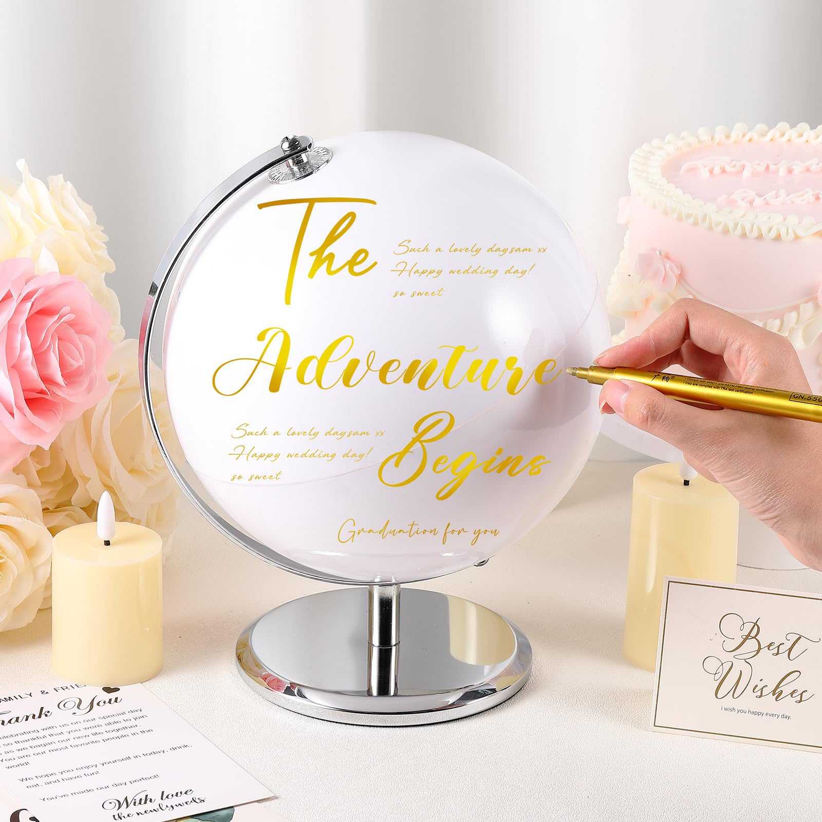 Saypacck Guest Book Alternative DIY World Globe with 4 Pcs Pens Writable Blank Globe with Metal Silver Stand for Wedding Guest Book Wedding Party Bride Shower 2024 Graduation Party Home Adults