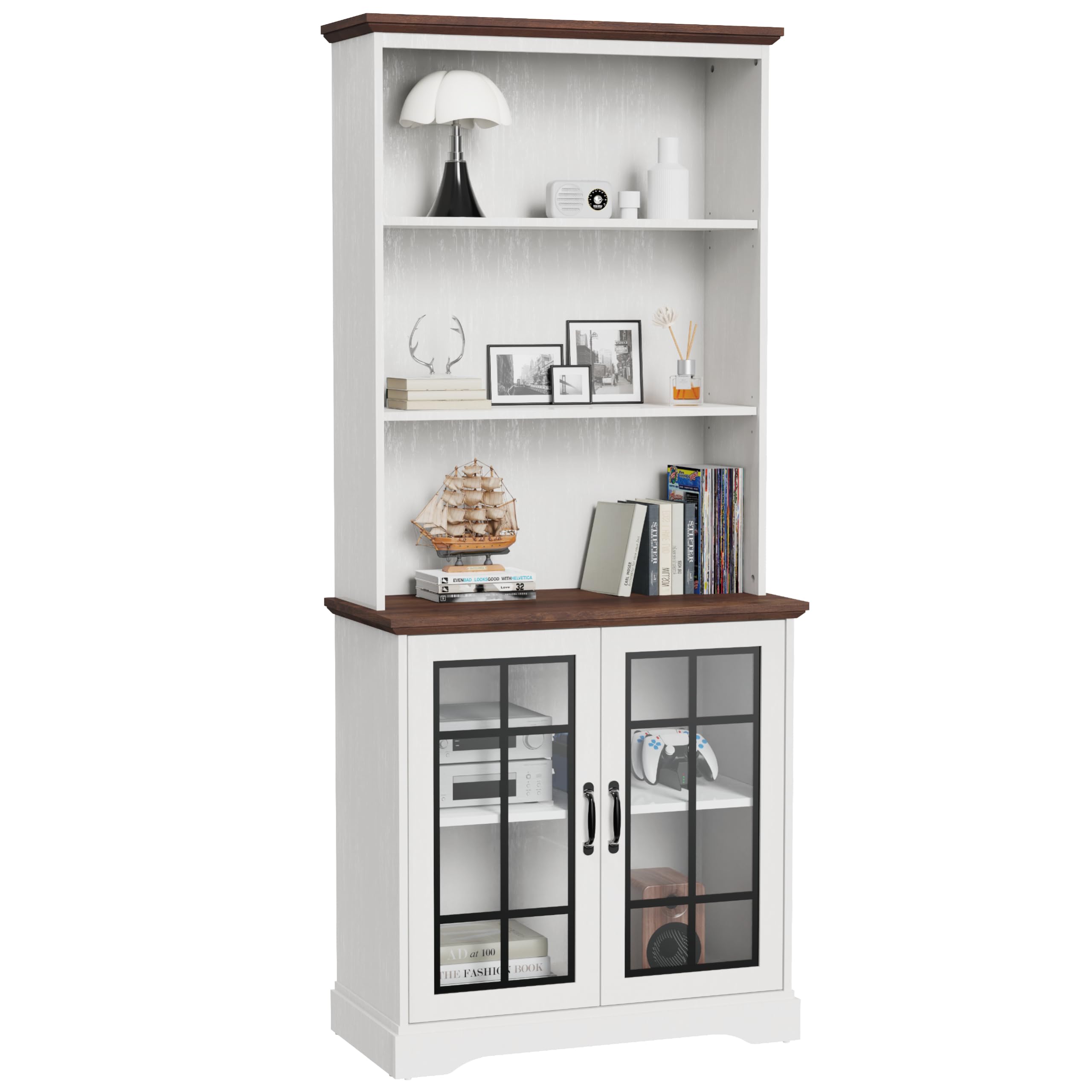 Bevfint 72" Tall Bookcase, White and Brown Design Large Floor Standing Bookshelf, 5 Tier Shelves with Door Storage Cabinet for Living Room Hallway Kitchen Home Office Bedroom, with Glass Door - 5 Tier