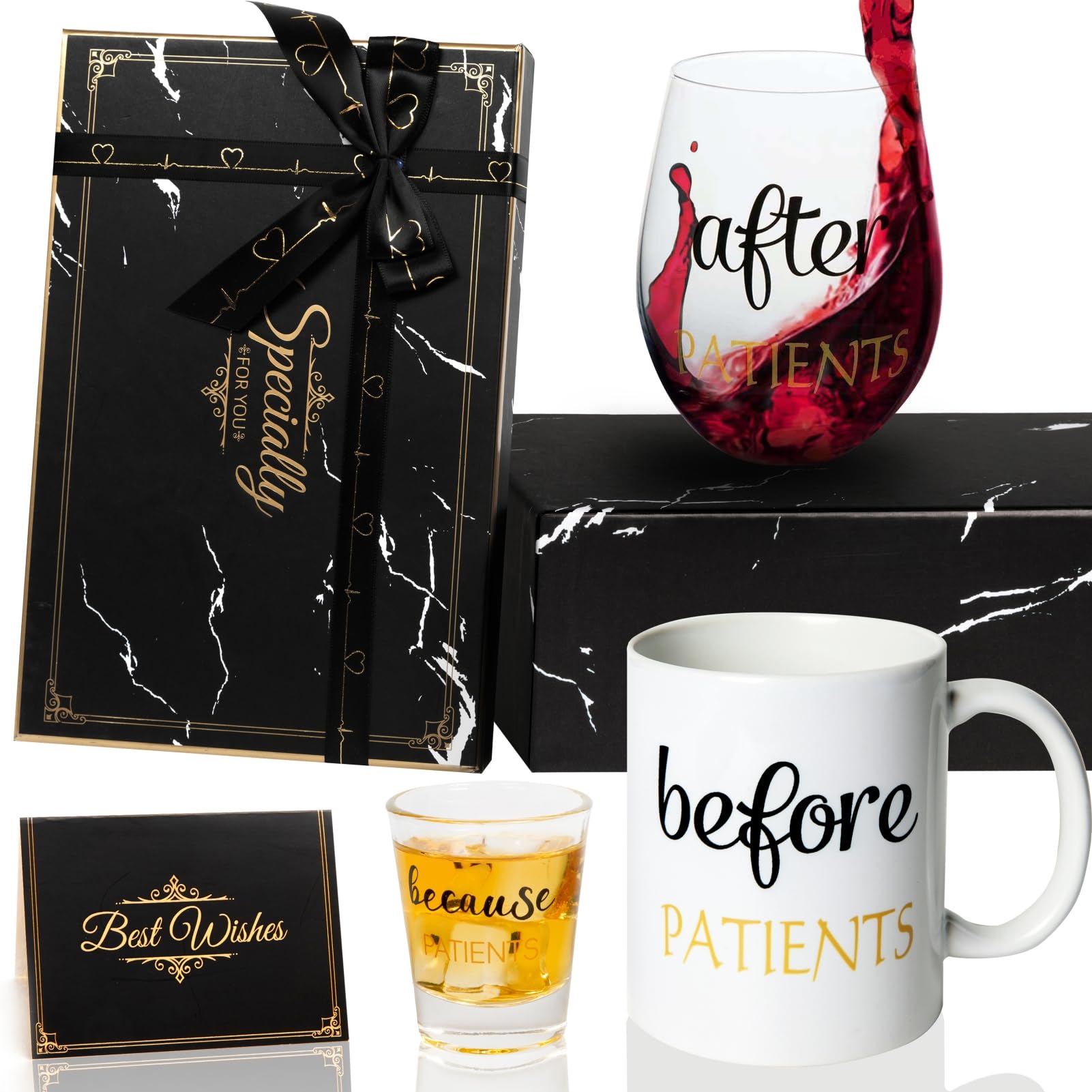 Before Patients After Patients Because Patients Gift Set 11 oz Coffee Mug 18 oz Stemless Wine Glass and 2 oz Shot Glass for Dentist Doctors Unique Nurses Day Valentines Graduation Gifts (Black)