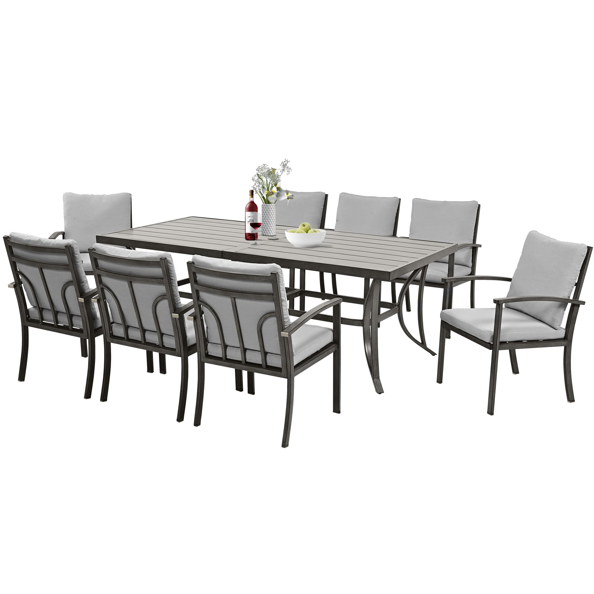 HAPPATIO 9-Piece Patio Outdoor Dining Set - All Aluminum Patio Table and Chairs Set for 8 Includes 1 Rectangular Dining Table and 8 Dining Chairs with Cushions, Patio Dining Set for Lawn, Garden