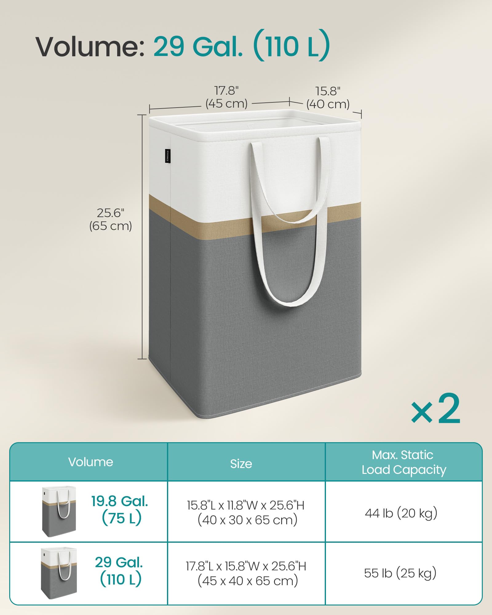 SONGMICS Set of 2 Laundry Hamper, 110 L Foldable Laundry Basket, Laundry Bag with Short and Long Handles, Easy to Transport and Clean, Freestanding, for Bedroom, Bathroom, Slate Gray ULCB210G01