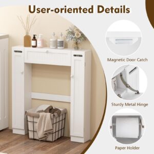 Tangkula Over The Toilet Storage Cabinet, Freestanding Toilet Storage with Adjustable Shelves & Paper Holder, 2 Side & Pull-Down Door, Space Saving Toilet Cabinet for Bathroom Laundry (White)