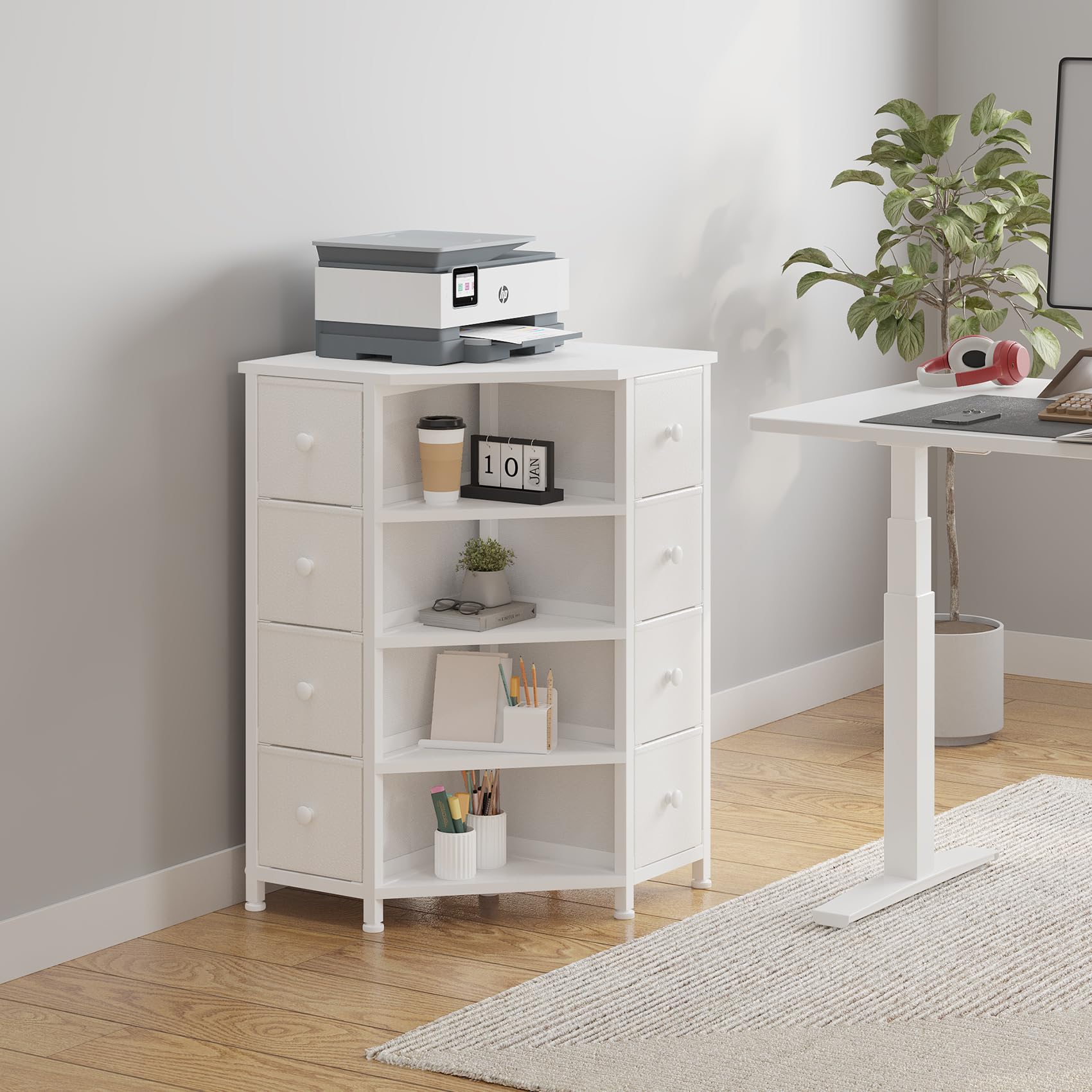 LUMTOK 8 Drawers Corner Dresser with Storage Fabric Drawers and Open Shelves for Small Space，Bedroom，Entryway，Living Room(White)