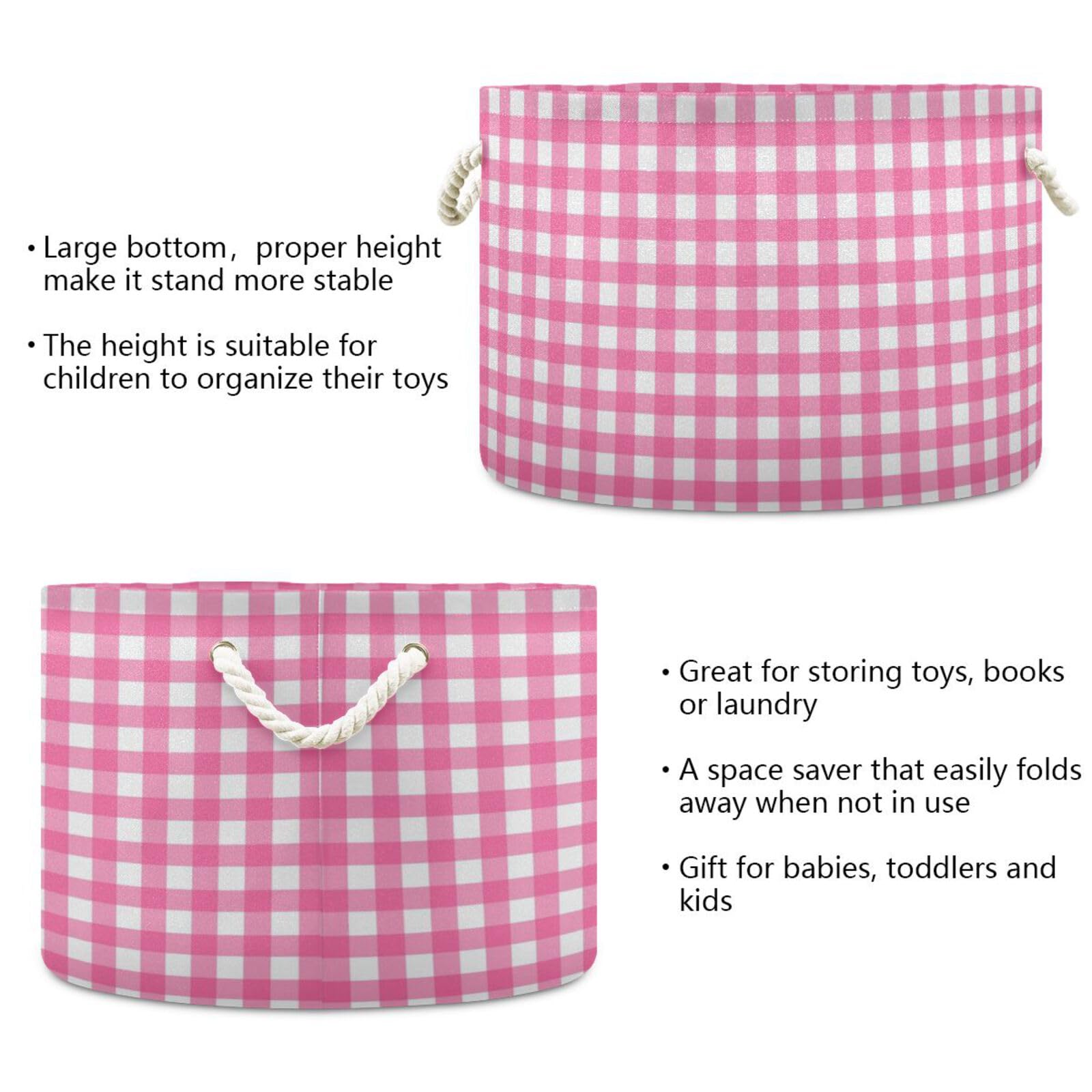 Gingham Hot Pink Plaid Storage Basket Round Collapsable Waterproof Decorative Baskets with Sturdy Handle Decoration for Toy Toy Cloth