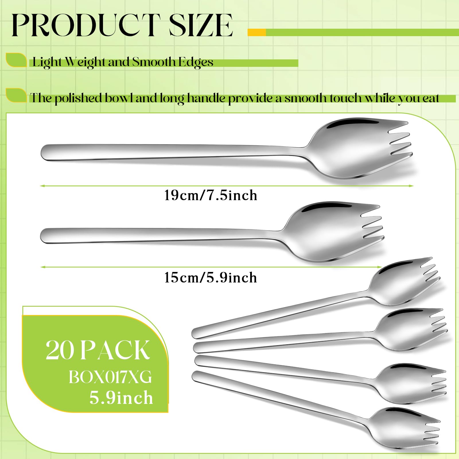 FillTouch 20 Pcs Stainless Steel Sporks Salad Forks Long Handle Dessert Ice Cream Spoons Fork Reusable Fruit Appetizer Forks for Everyday Use, Back to School Lunch Supplies Camping Hiking (5.9 Inches)