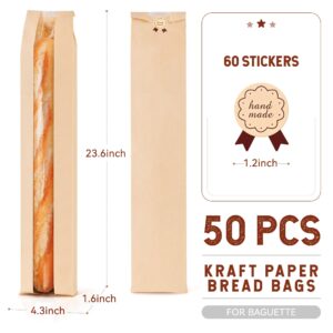 50 Pack Baguette Bags for Homemade Bread with Stickers, Large Sourdough Paper Bread Bags with Clear Window, Bread Storage for Homemade Bread Sourdough Bread Baking Supplies (Brown, 23.5*4.3*1.6 Inch)