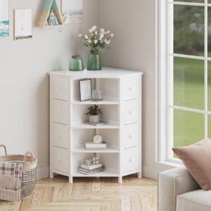 LUMTOK 8 Drawers Corner Dresser with Storage Fabric Drawers and Open Shelves for Small Space，Bedroom，Entryway，Living Room(White)