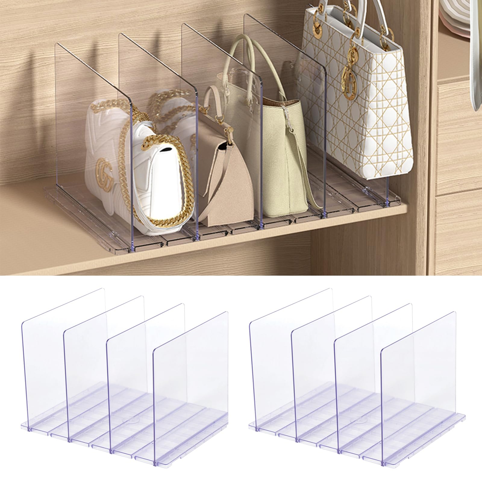 Generic Purse Organizer for Closet Plastic Shelf Dividers Organizer for Vertical Purse Handbag Sweater Shirts in Pantry Bedroom 2 Pack Clear