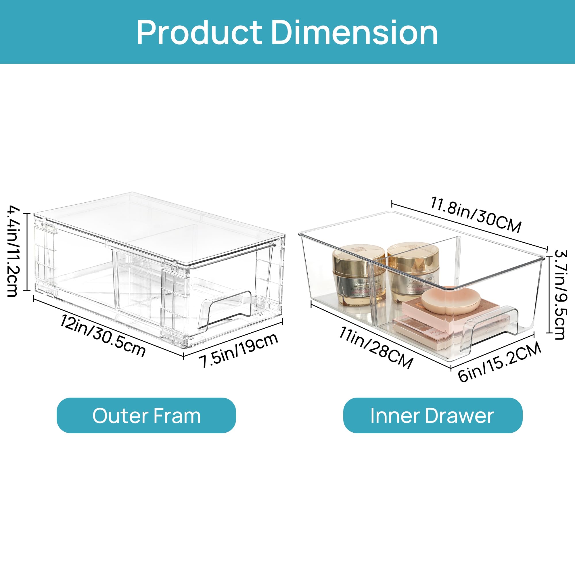 4 Pack Stackable Storage Drawers,Clear Acrylic Drawer Organizers with Handles, Easily Assemble for Fridge, Bathroom,Kitchen Undersink,Cabinet,Pantry organization and Storage