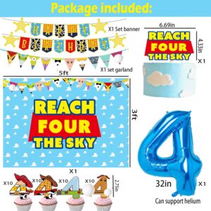 Xrjnfhi Cartoon Story 4th Birthday Party Supplies Reach Four The Sky Birthday Decorations include Balloon Arch kits Backdrop Banner Cake Cupcake Toppers Tablecloth for Boys Girls 4th Bday Decor