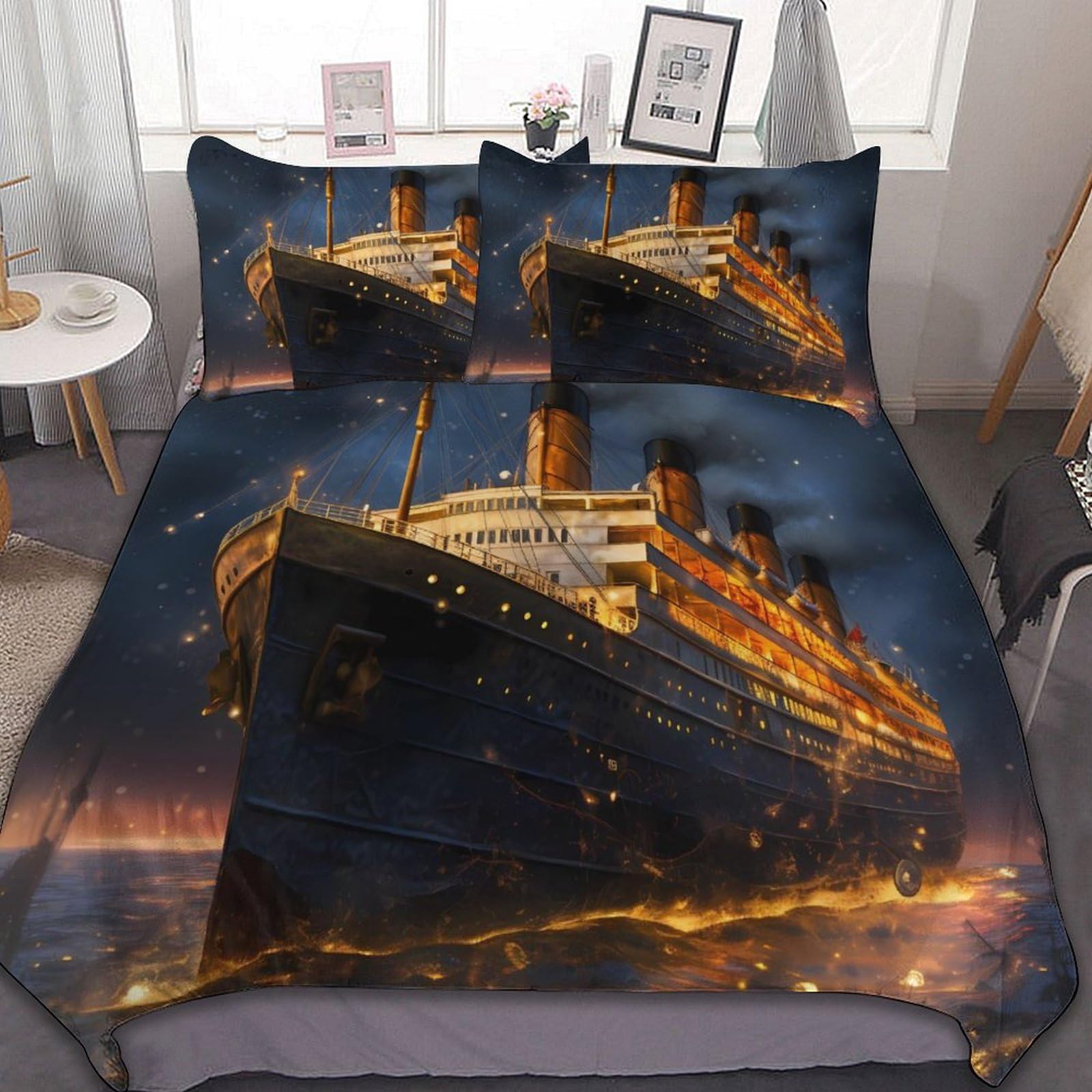 Titanic Cruise Ship Voyage Soft Duvet Cover Set 3 Piece (1 Duvet Cover + 2 Pillow Case) Comforter Cover Bedding Set 79"x90"