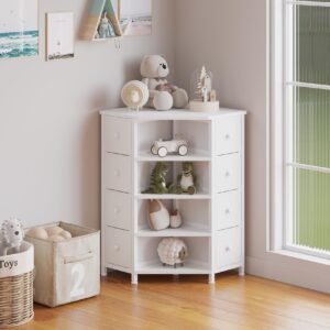 LUMTOK 8 Drawers Corner Dresser with Storage Fabric Drawers and Open Shelves for Small Space，Bedroom，Entryway，Living Room(White)