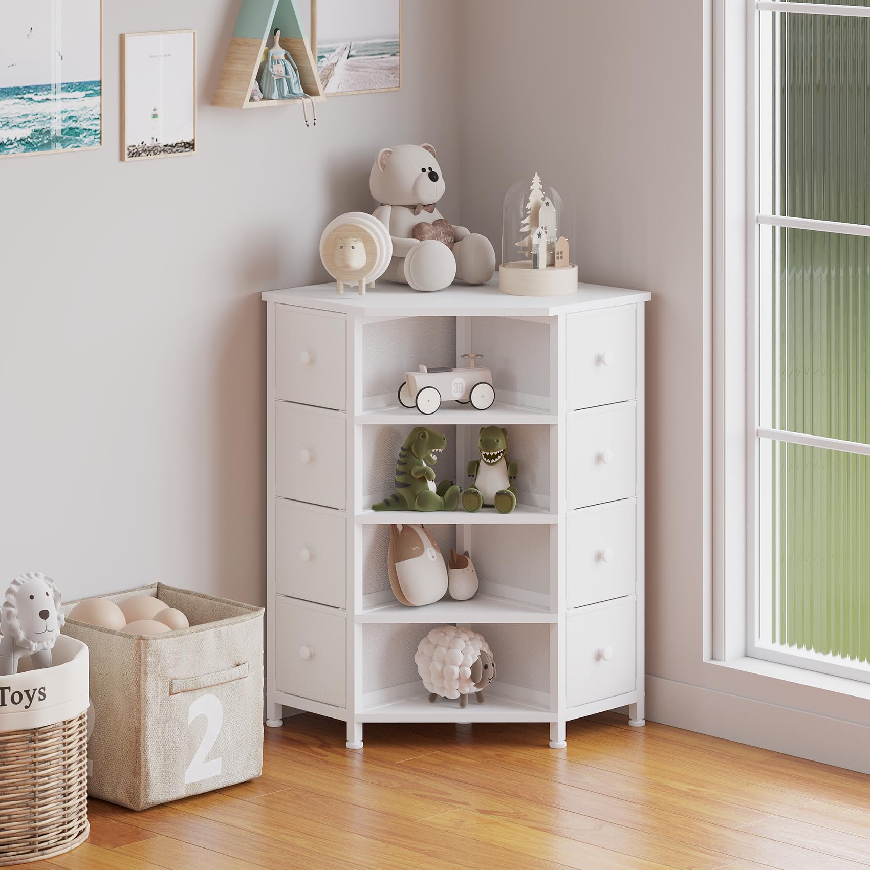 LUMTOK 8 Drawers Corner Dresser with Storage Fabric Drawers and Open Shelves for Small Space，Bedroom，Entryway，Living Room(White)