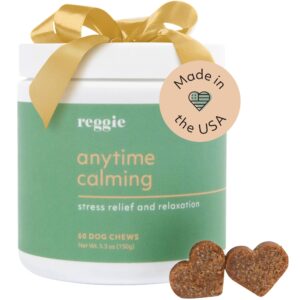 reggie anytime calming chews for dogs | natural calming dog treats to reduce hyperactivity, separation anxiety, & stress | vet-approved & ideal for all ages, breeds, and sizes - 60 soft chews