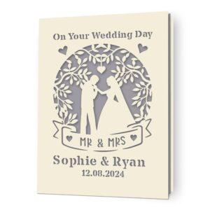 edsg personalized wedding card gifts mr and mrs gifts greeting cards with any name & date congratulations wedding day laser paper cut cards for him her bride groom wife husband new couple(gray)