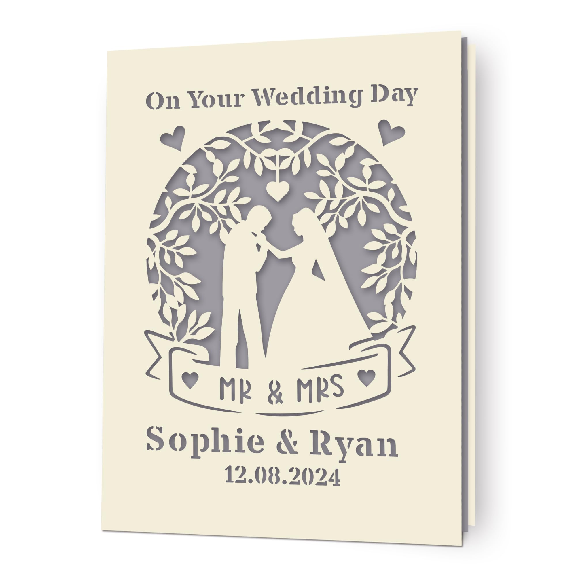 EDSG Personalized Wedding Card Gifts Mr and Mrs Gifts Greeting Cards with Any Name & Date Congratulations Wedding Day Laser Paper Cut Cards for Him Her Bride Groom Wife Husband New Couple(Gray)