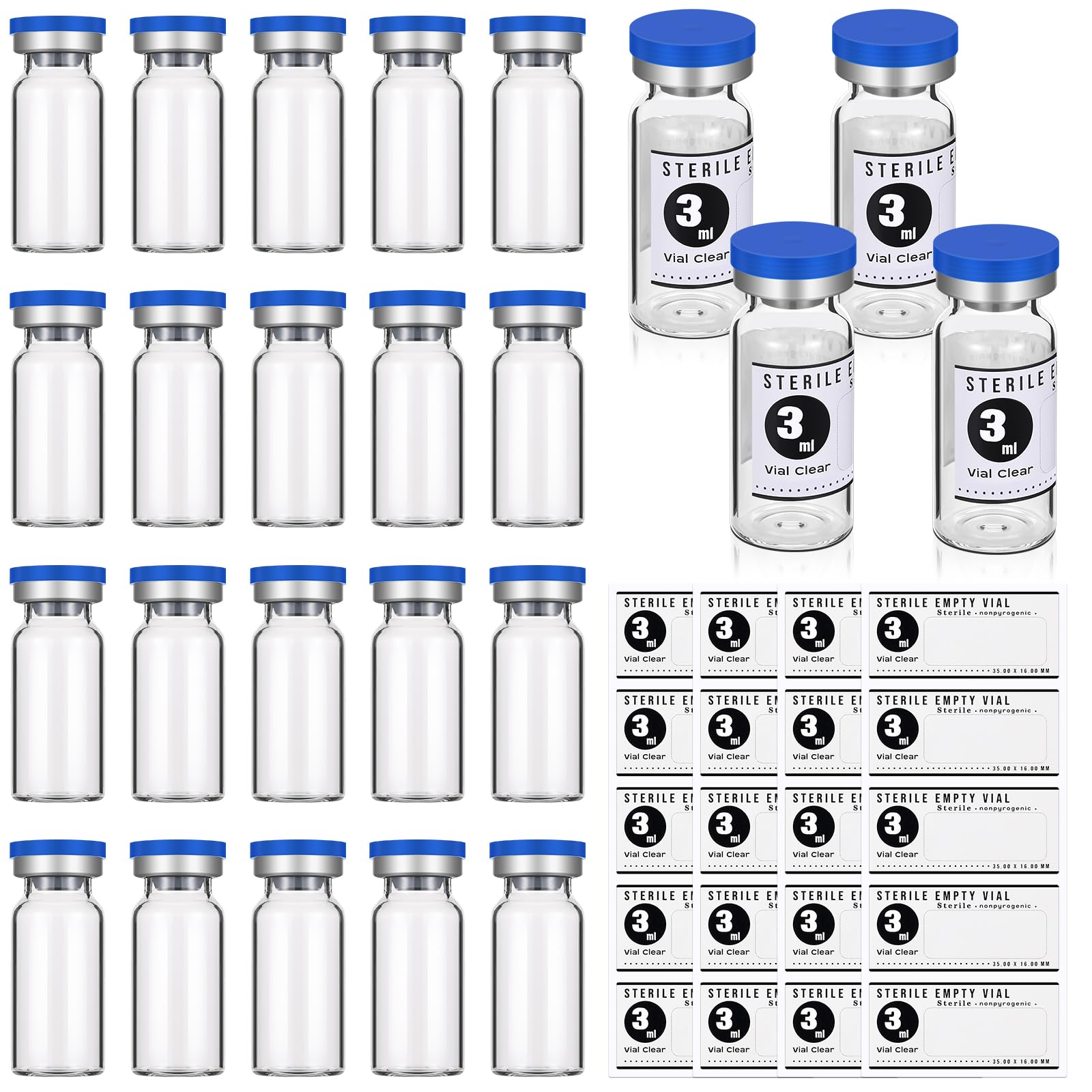 Threlaco 20 Pcs 3ml Sealed Sterile Empty Vials with Self Healing Injection Port Glass Penicillin Bottle with 20 Label Stickers