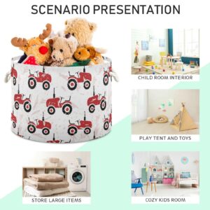 Red Old Wheeled Tractors Round Collapsible Waterproof Storage Bin with Sturdy Handle Decorations for Gift Gift Toys