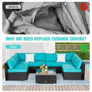 Kinsunny Outdoor Cushion Covers for Patio Furniture 7 Piece Set, Replacement Cushion Slipcovers for Rattan Sectional Couch, Patio Seat Covers with Zipper, Water Resissant, Only Cover, Turquoise